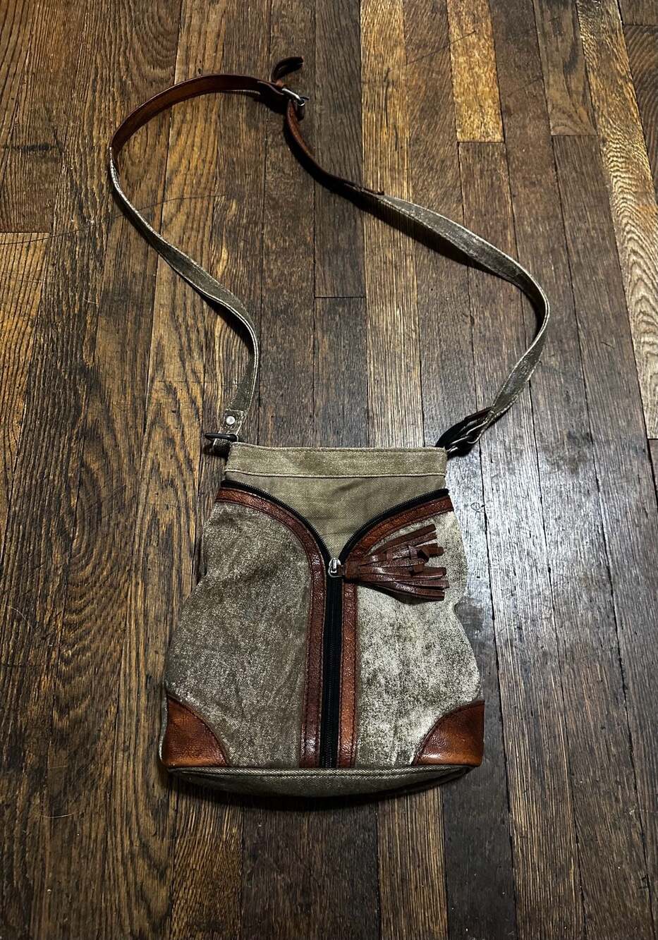 Mona B Upcycled Canvas and Leather Crossbody Bag with Tassel Boho Bag